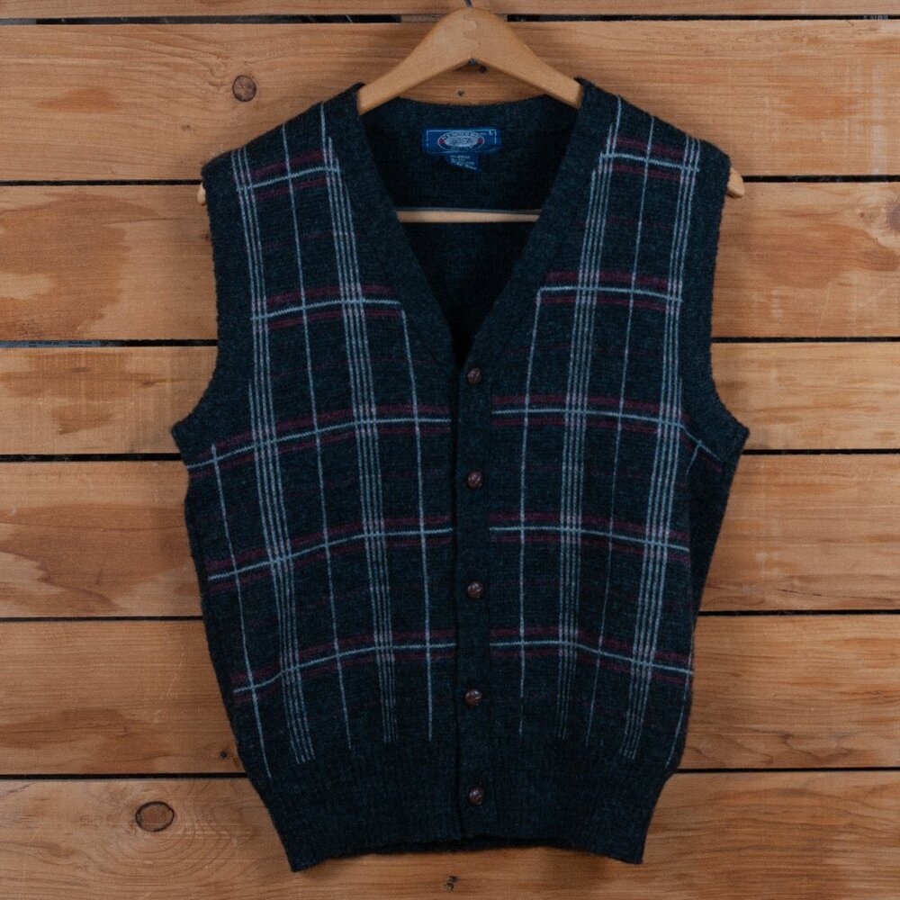 Vintage Plaid Wool Blend Button-up Sweater Vest In Dark Grey - Women's Large
